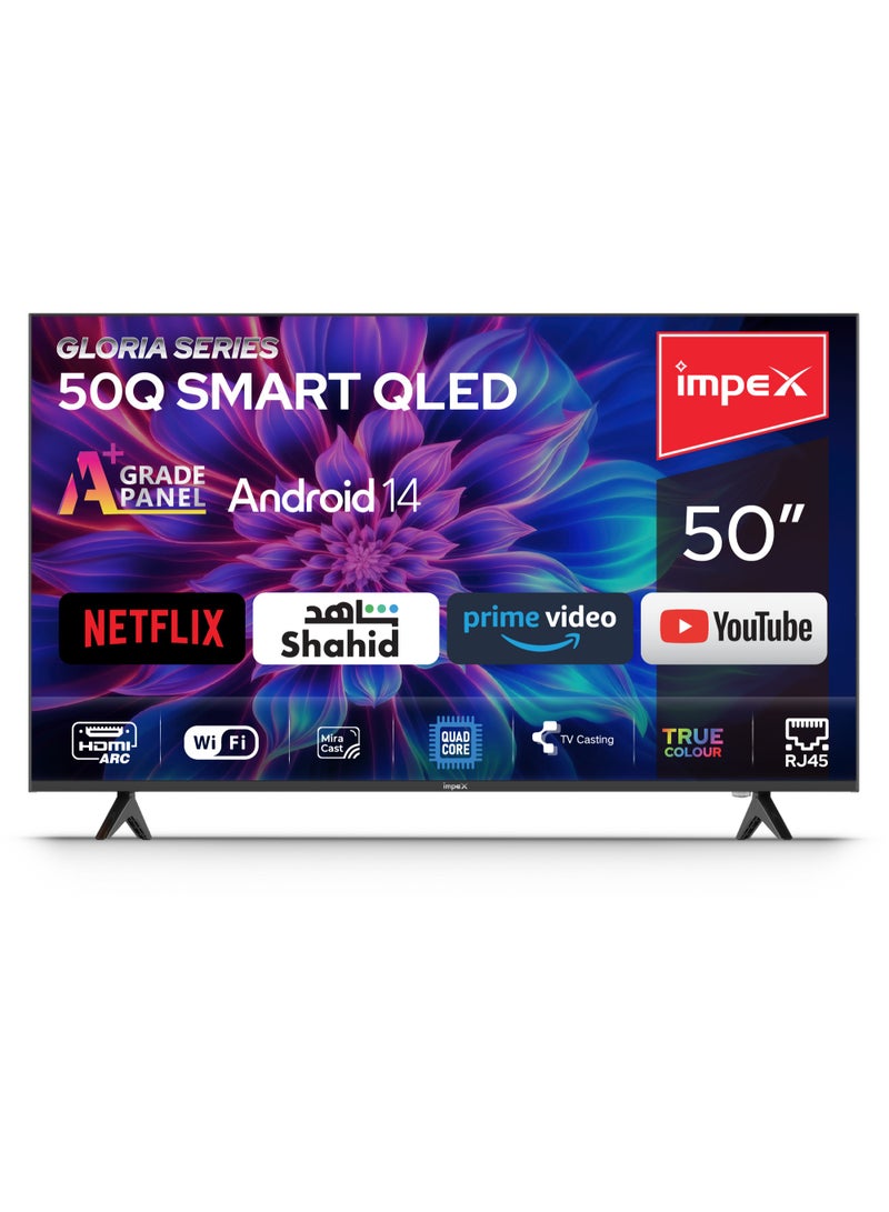 Impex 50 Inch QLED Smart TV (Android 14, Frameless Design, Quad-Core, 8GB Storage, 1GB RAM Super Slim HDMI & USB Ports A+ Panel, Energy Saving Wide Viewing Angle Gloria50Q black - Image 2