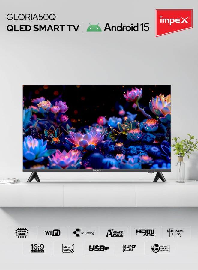 إمبكس تلفاز QLED ذكي 50 بوصة (أندرويد 14، تصميم بدون إطار، معالج رباعي النواة، 8 جيجابايت تخزين، 1 جيجابايت رام، منافذ HDMI و USB فائقة النحافة، لوحة A+، توفير الطاقة، زاوية عرض واسعة) - Image 3