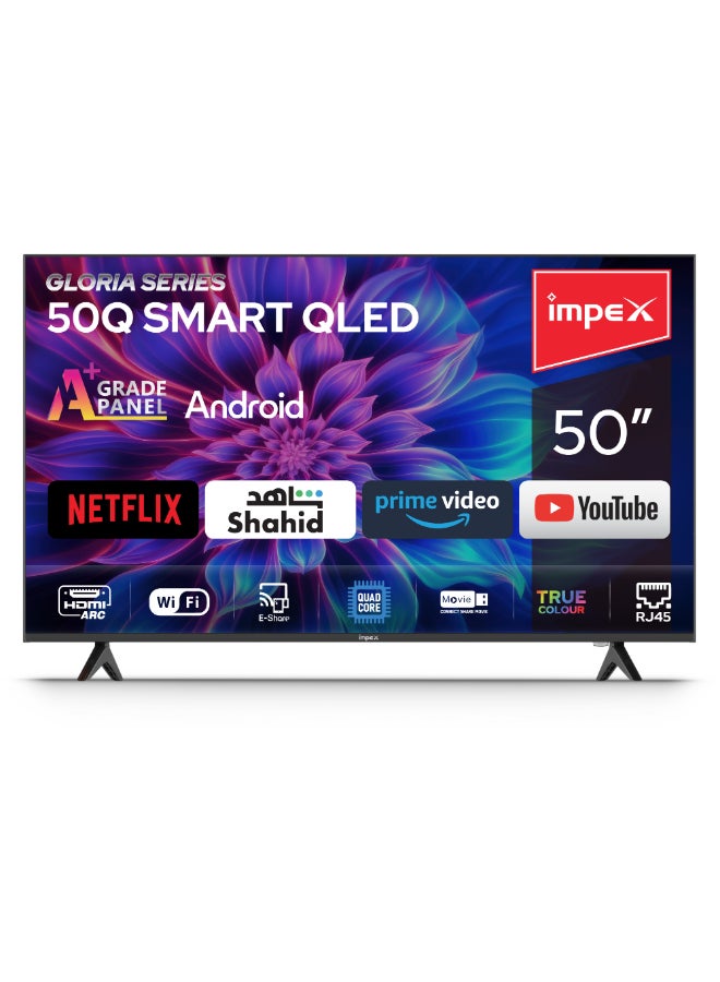 Impex 50 Inch QLED Smart TV (Android 14, Frameless Design, Quad-Core, 8GB Storage, 1GB RAM Super Slim HDMI & USB Ports A+ Panel, Energy Saving Wide Viewing Angle Gloria50Q black - Image 1