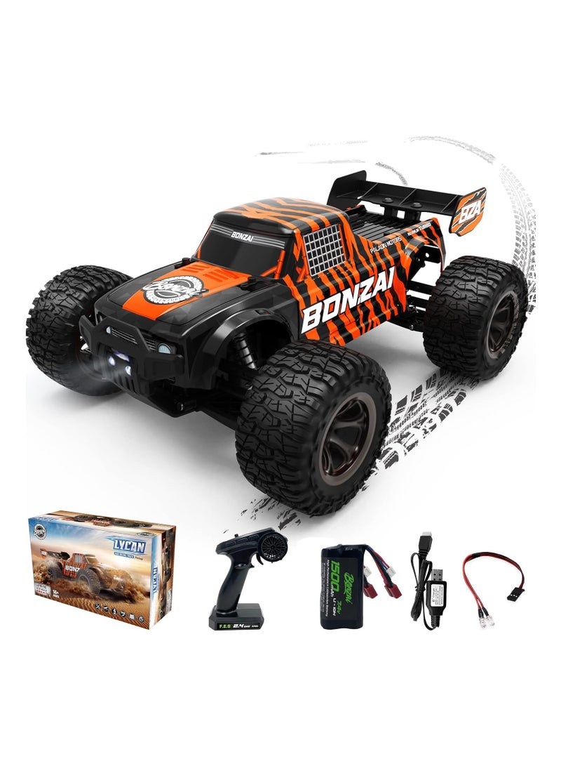مايتويز شاحنة بونزاي RC 1:12 - سيارة تحكم عن بعد - سرعة عالية 48+ كم/ساعة 4x4 شاحنات وحشية للطرق الوعرة مع بطارية قابلة للشحن بسعة 1500 مللي أمبير، مصباح أمامي LED، سيارة RC عالية السرعة لجميع التضاريس - Image 1