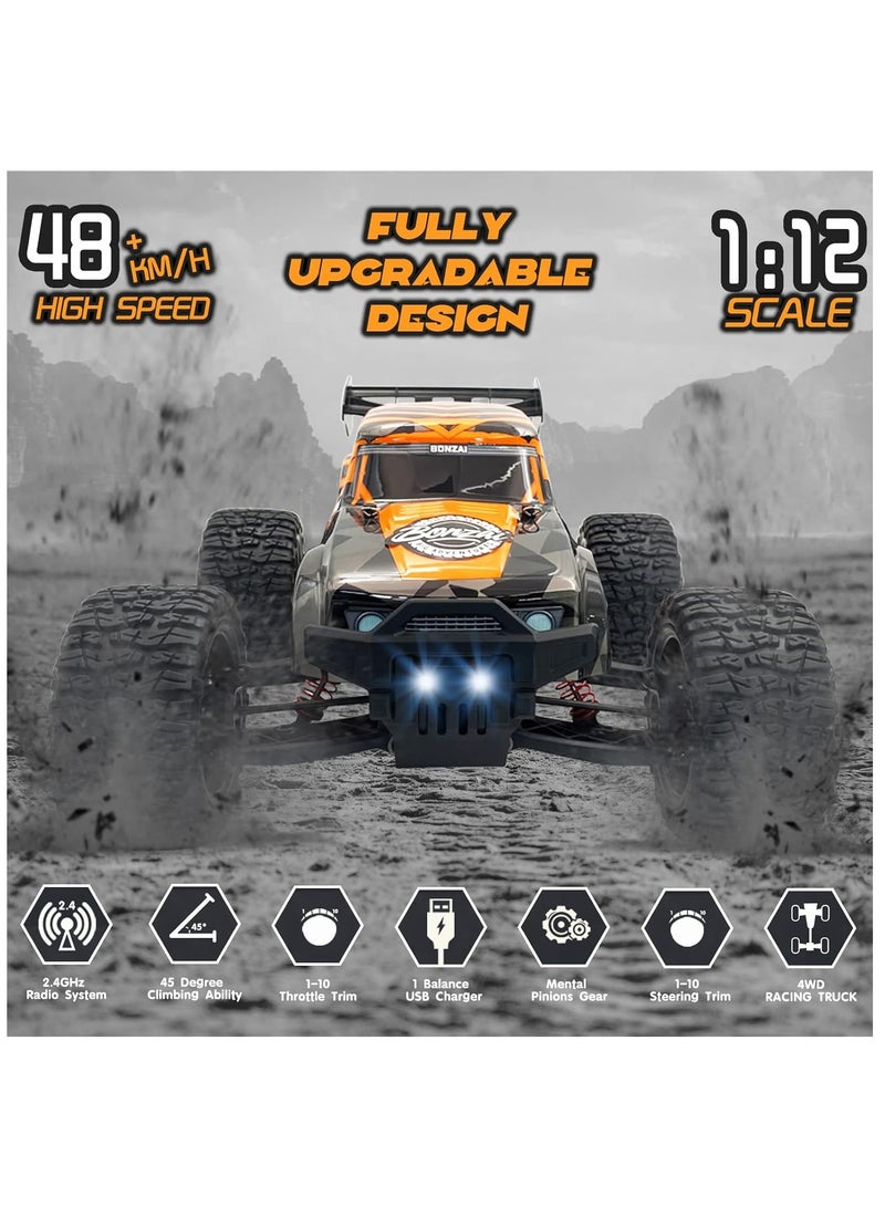 مايتويز شاحنة بونزاي RC 1:12 - سيارة تحكم عن بعد - سرعة عالية 48+ كم/ساعة 4x4 شاحنات وحشية للطرق الوعرة مع بطارية قابلة للشحن بسعة 1500 مللي أمبير، مصباح أمامي LED، سيارة RC عالية السرعة لجميع التضاريس - Image 3