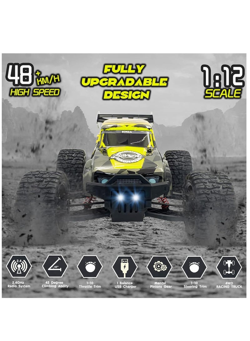 MYTOYS Bonzai RC Truck 1:12 Scale Remote Control Car - 48+KM/h High Speed 4x4 Off Road Monster Trucks Hobby Grade with 1500mAh Rechargeable Battery, LED Headlight All Terrain High Speed RC Car - Image 3