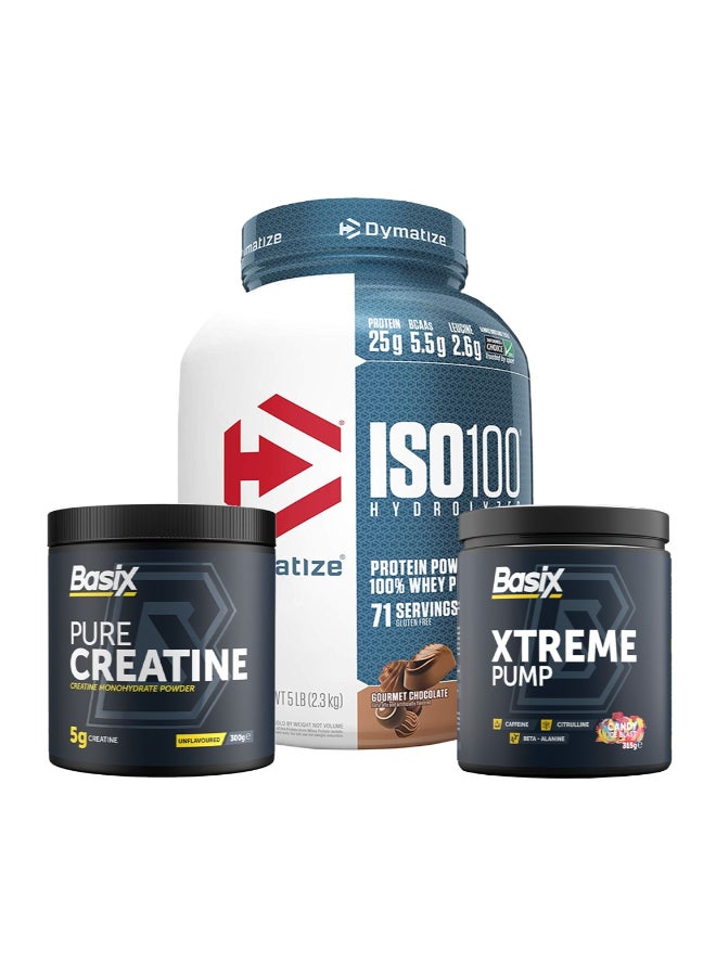 Dymatize Iso 100 [5 Lbs] + Basix Creatine [300 Grams] + Basix Xtreme Pump [30 Servings] - Image 1