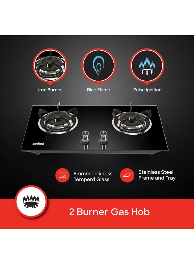سانفورد موقد غاز 2 شعلة مع موقد حديد زهر ثقيل، استهلاك منخفض للغاز، زجاج مقسى إضافي بسمك 8 مم، صينية من الفولاذ المقاوم للصدأ وإشعال نبضي - Image 3