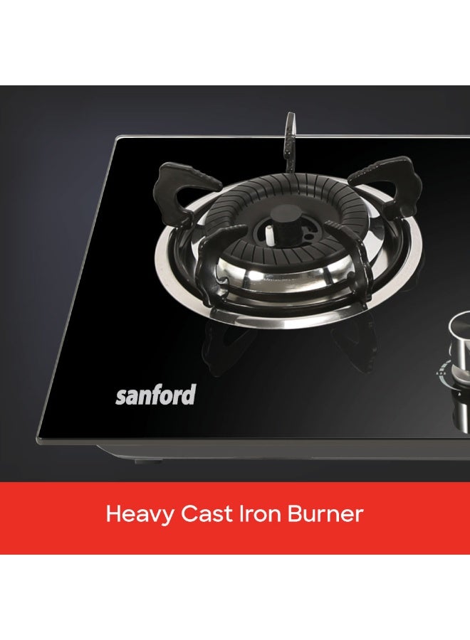 سانفورد موقد غاز 2 شعلة مع موقد حديد زهر ثقيل، استهلاك منخفض للغاز، زجاج مقسى إضافي بسمك 8 مم، صينية من الفولاذ المقاوم للصدأ وإشعال نبضي - Image 4