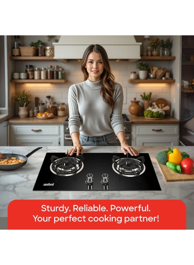 سانفورد موقد غاز 2 شعلة مع موقد حديد زهر ثقيل، استهلاك منخفض للغاز، زجاج مقسى إضافي بسمك 8 مم، صينية من الفولاذ المقاوم للصدأ وإشعال نبضي - Image 2