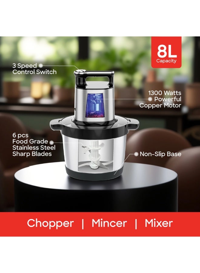 Sanford Electric Food Chopper 8L Stainless Steel Mincer & Mixer with 3 Speed Control & 6 Sharp Blades for Heavy Duty Kitchen Tasks 8 L 1300 W SF5586FC BS Silver/Black - Image 3