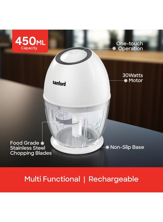 Sanford Rechargeable Multifunctional Food Chopper 3-in-1 Mincer, Mixer & Garlic Peeler with 2L Stainless Steel Bowl & 2 Speed Control 450 ml 30 W SF6814FP White and Black - Image 3