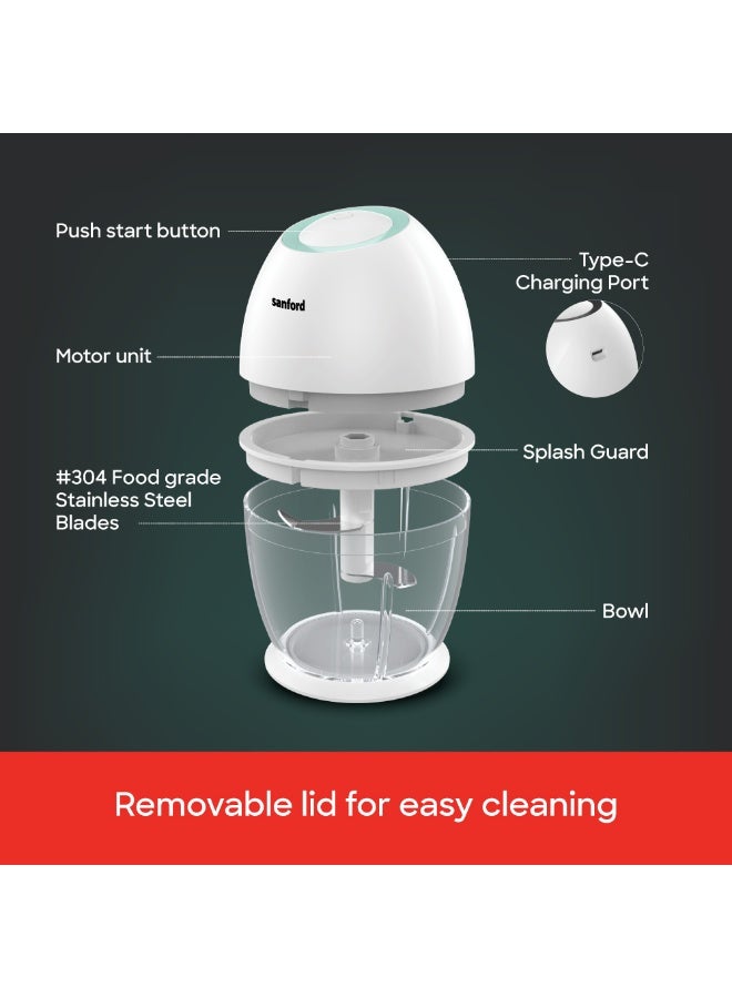 Sanford Rechargeable Multifunctional Food Chopper 3-in-1 Mincer, Mixer & Garlic Peeler with 2L Stainless Steel Bowl & 2 Speed Control 450 ml 30 W SF6814FP White and Black - Image 5