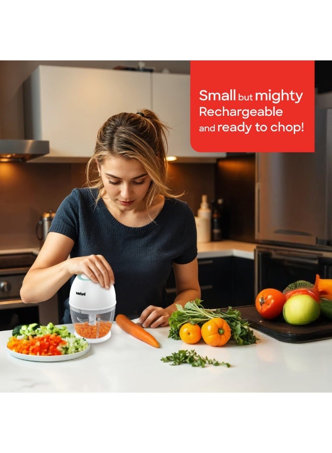 Sanford Rechargeable Multifunctional Food Chopper 3-in-1 Mincer, Mixer & Garlic Peeler with 2L Stainless Steel Bowl & 2 Speed Control 450 ml 30 W SF6814FP White and Black - Image 2