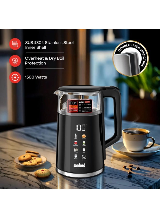 Sanford Digital Smart Glass Electric Kettle 1.7L with 7 Preset Programs, Touch Screen Display, Automatic Opening Lid, Concealed Heating Element 1.7 L 2200 W SF3361EK-1.7L BS black - Image 3