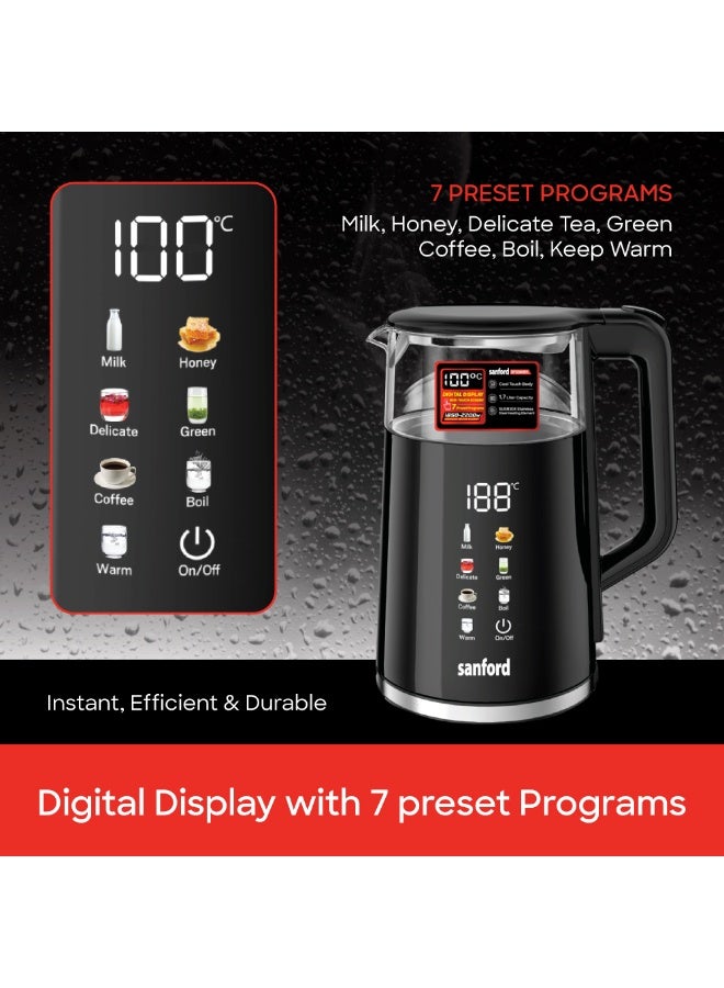 Sanford Digital Smart Glass Electric Kettle 1.7L with 7 Preset Programs, Touch Screen Display, Automatic Opening Lid, Concealed Heating Element 1.7 L 2200 W SF3361EK-1.7L BS black - Image 5