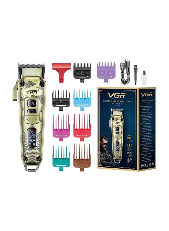 في جي آر مقص شعر VGR بغطاء معدني فاخر مع شاشة LED، شفرة مسحوق معدنية 5500-7000 دورة في الدقيقة، محرك بسرعة 4 سرعات، زر اختبار تلقائي، شحن USB، ذراع تدرج قابلة للتعديل 4، 8 مشط توجيه، زمن تشغيل 250 دقيقة، V-005 - Image 1