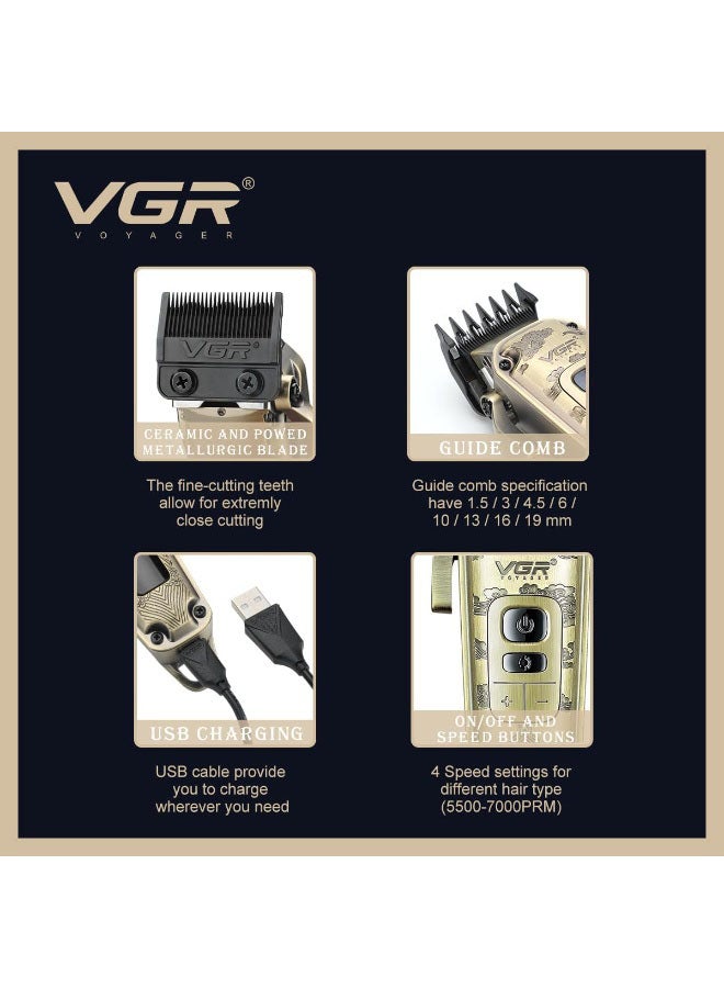 في جي آر مقص شعر VGR بغطاء معدني فاخر مع شاشة LED، شفرة مسحوق معدنية 5500-7000 دورة في الدقيقة، محرك بسرعة 4 سرعات، زر اختبار تلقائي، شحن USB، ذراع تدرج قابلة للتعديل 4، 8 مشط توجيه، زمن تشغيل 250 دقيقة، V-005 - Image 3