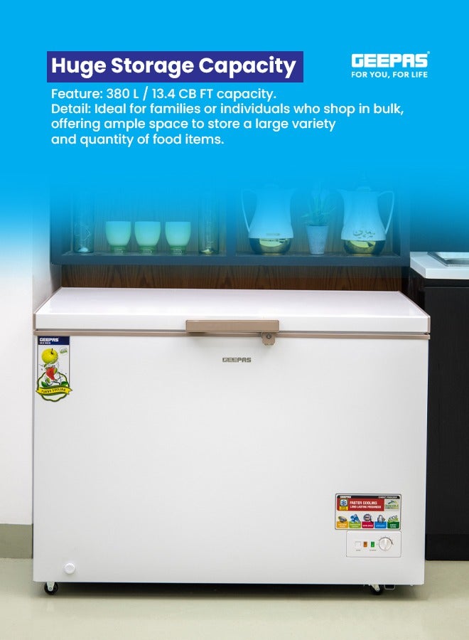 جيباس فريزر صندوقي بسعة 380 لتر، نظام تبريد أسرع، تشطيب داخلي أبيض، ضاغط مخفي، وغاز تبريد R600a - Image 2