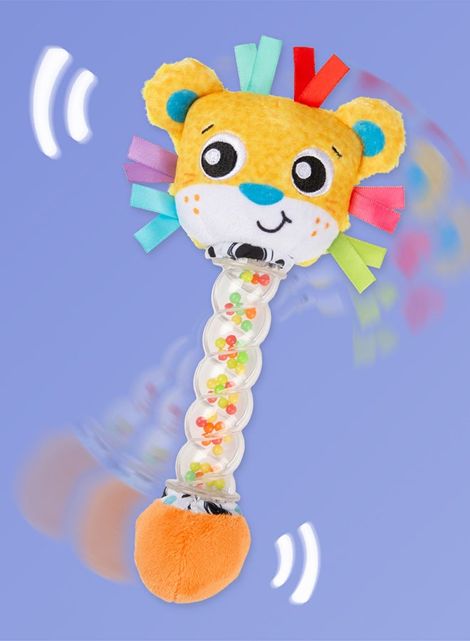 بلاي غرو Lion Rainmaker Rattle Stick for Sensory Stimulation - Musical Toy for Babies, Lion Theme, Rain Sounds, Jumbo Chord Fabric, Easy Grasp - Colorful Beads - Image 1