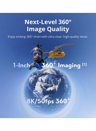 أوزمو 360 كومبو قياسي، كاميرا 360 مع تصوير 360° بدقة 1 إنش، فيديو 360° أصلي بدقة 8K، فيديو 4K/120fps وزيادة 170°، صورة 360° بدقة 120 ميجابكسل، تسجيل 8K لمدة 100 دقيقة، مقاومة للماء، كاميرا أكشن للرياضة، الفلوغ - view 2