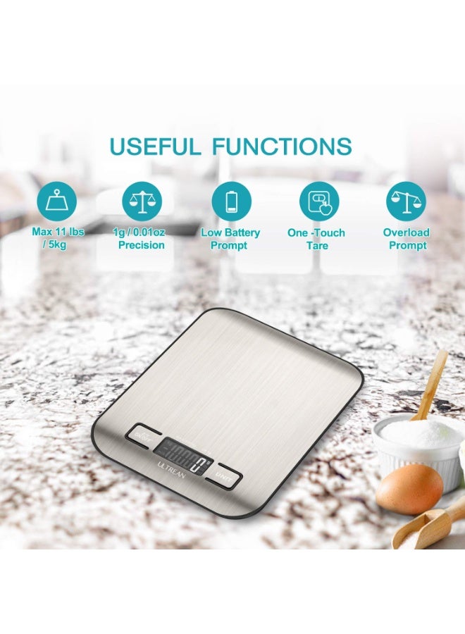 Home Care Digital Food Scale, High Precision Kitchen Scale, Measures in Grams and Ounces for Cooking and Baking, 5 Units with Tare Function, Stainless Surface (Batteries Included) - Silver - Image 3