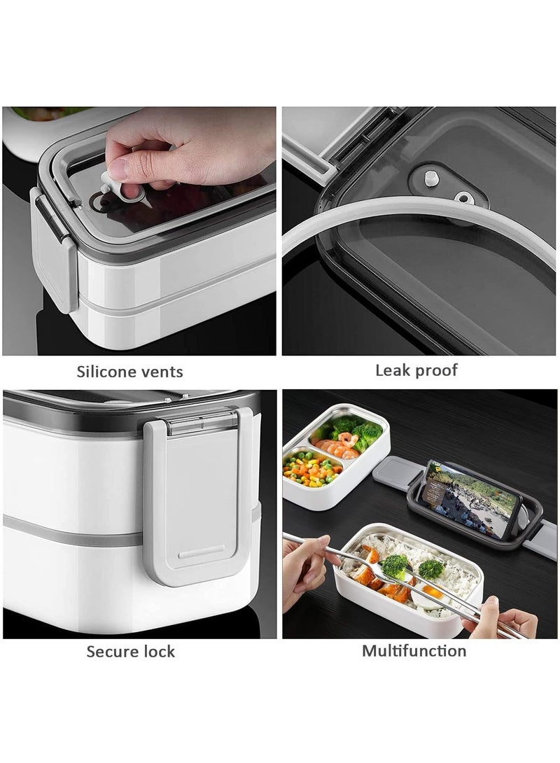 هوم كير صندوق غداء من الفولاذ المقاوم للصدأ - صندوق بنتو معزول حاويات متعددة الوظائف حاويات الطعام مع 2 قسم، أدوات المائدة، حقيبة عزل نايلون (رمادي) - Image 5