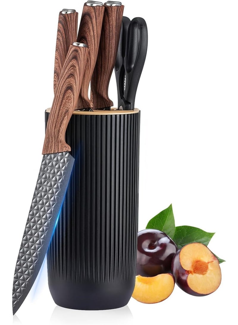 هوم كير Kitchen Knife Set, 6-Pieces Black Sharp Knife Set for Kitchen, Non-stick Non-slip Stainless Steel Chef Knife Set with Universal Knife Block Suitable for Home Restaurant(Wood Grain)  - Image 1