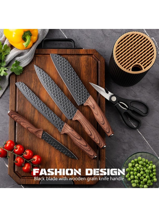 هوم كير Kitchen Knife Set, 6-Pieces Black Sharp Knife Set for Kitchen, Non-stick Non-slip Stainless Steel Chef Knife Set with Universal Knife Block Suitable for Home Restaurant(Wood Grain)  - Image 2