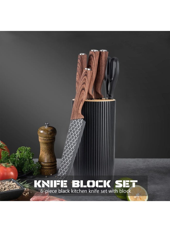 هوم كير Kitchen Knife Set, 6-Pieces Black Sharp Knife Set for Kitchen, Non-stick Non-slip Stainless Steel Chef Knife Set with Universal Knife Block Suitable for Home Restaurant(Wood Grain)  - Image 4