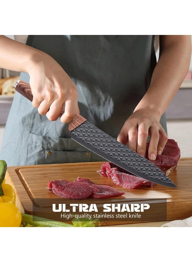 هوم كير Kitchen Knife Set, 6-Pieces Black Sharp Knife Set for Kitchen, Non-stick Non-slip Stainless Steel Chef Knife Set with Universal Knife Block Suitable for Home Restaurant(Wood Grain)  - Image 3