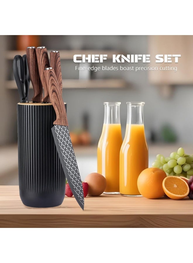هوم كير Kitchen Knife Set, 6-Pieces Black Sharp Knife Set for Kitchen, Non-stick Non-slip Stainless Steel Chef Knife Set with Universal Knife Block Suitable for Home Restaurant(Wood Grain)  - Image 5