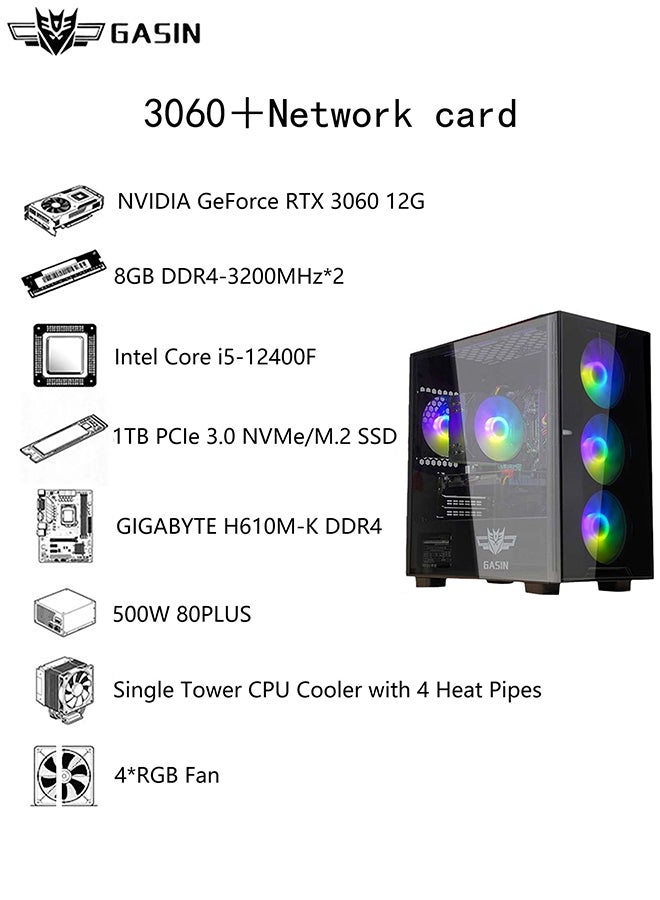 Gasin Gaming PC With Core i5-12400F Processor/1TB SSD/16GB RAM 3200MHz DDR4/Windows 11/12GB NVIDIA GeForce RTX 3060 Graphics+Wireless Card Receiver and Bluetooth Black - Image 3