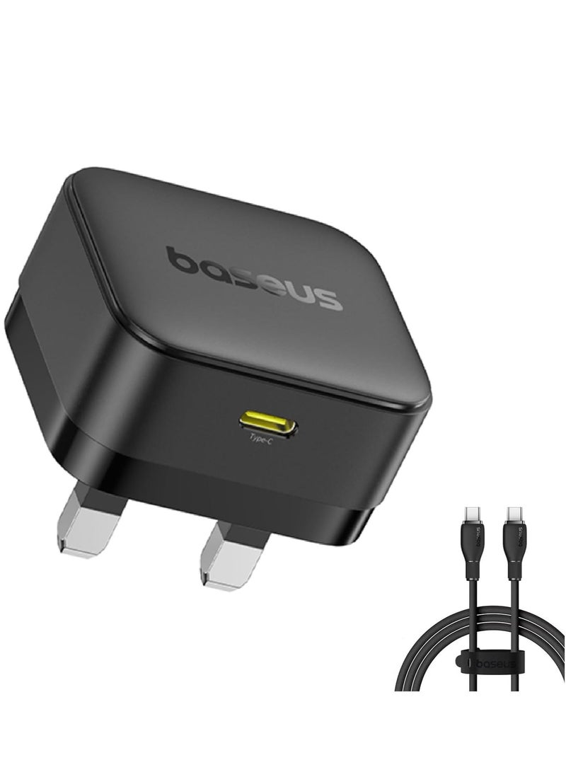 Baseus iPhone 16 PD 20W Fast Charging Charger Set – USB-C Type-C Wall Plug Adapter + 60W USB-C to USB-C Cable 1M – Compatible with iPhone 16 Pro Max, 16e, 15, iPad Pro, Air, Mini, Samsung, Pixel, OnePlus, USB-C Smartphones, Tablets, Power Delivery Devices – Durable Cable + Compact Charger Head (Black) 20W Type-C Wall Charger- Black - Image 1
