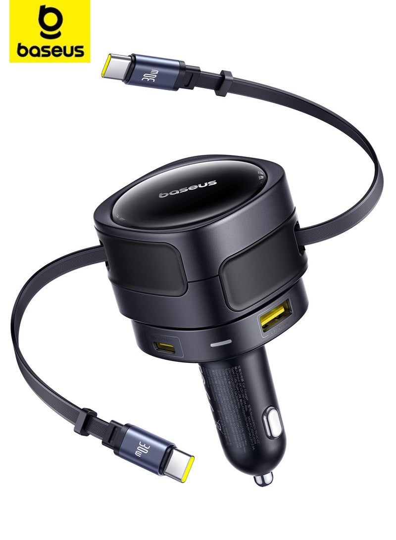 Baseus 90W 4-in-1 Fast Charging Car Charger with Dual Retractable USB-C Cables, 180° Vertical Rotation, PD 3.0 & QC 3.0 Quick Charge Support, Dual USB-C & USB-A Ports for Simultaneous Charging, Compatible with iPhone 16/15/14 Pro Max, Samsung Galaxy S25/S24 Ultra, Google Pixel 9, iPad Pro, Tablets, Nintendo Switch, AirPods, Cameras, and More Gadgets 90W - Black  - Image 1