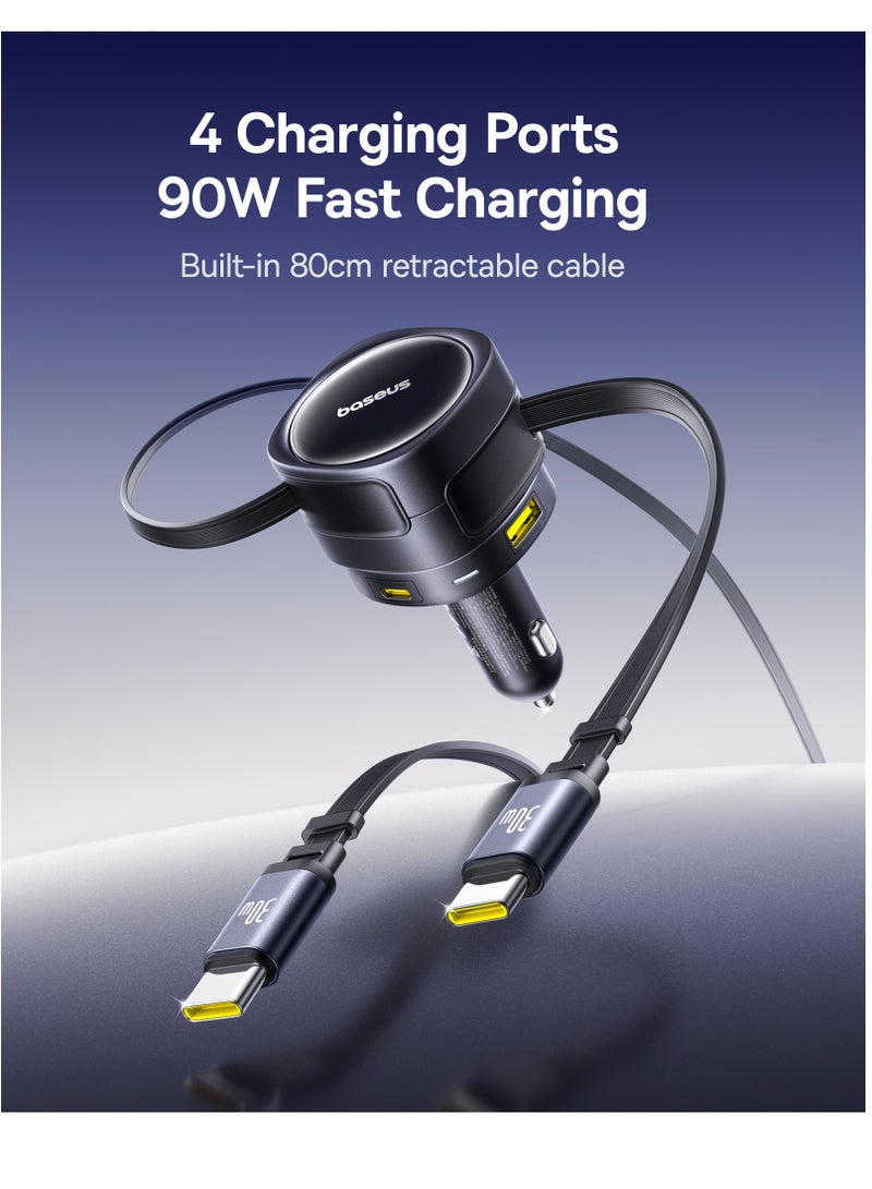 Baseus 90W 4-in-1 Fast Charging Car Charger with Dual Retractable USB-C Cables, 180° Vertical Rotation, PD 3.0 & QC 3.0 Quick Charge Support, Dual USB-C & USB-A Ports for Simultaneous Charging, Compatible with iPhone 16/15/14 Pro Max, Samsung Galaxy S25/S24 Ultra, Google Pixel 9, iPad Pro, Tablets, Nintendo Switch, AirPods, Cameras, and More Gadgets 90W - Black  - Image 2