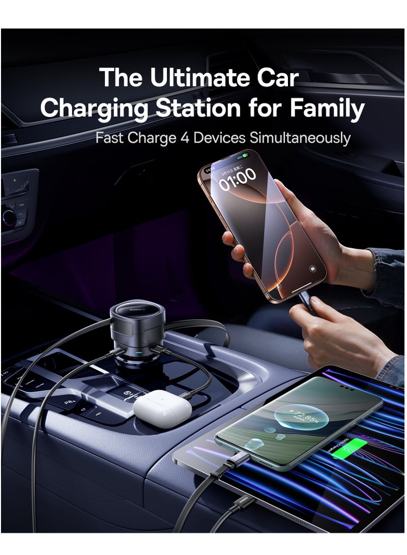 Baseus 90W 4-in-1 Fast Charging Car Charger with Dual Retractable USB-C Cables, 180° Vertical Rotation, PD 3.0 & QC 3.0 Quick Charge Support, Dual USB-C & USB-A Ports for Simultaneous Charging, Compatible with iPhone 16/15/14 Pro Max, Samsung Galaxy S25/S24 Ultra, Google Pixel 9, iPad Pro, Tablets, Nintendo Switch, AirPods, Cameras, and More Gadgets 90W - Black  - Image 4