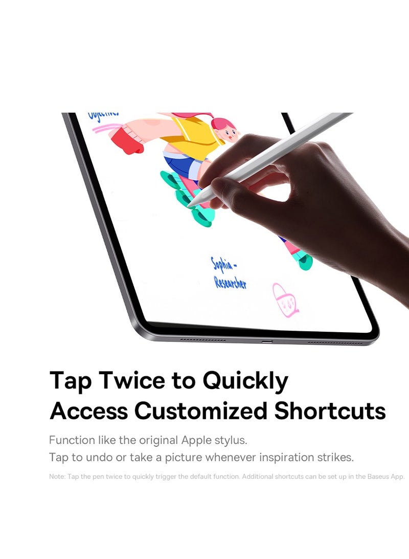 Baseus Bluetooth Stylus Pen for iPad 6 to 10 Gen, iPad Pro 11 and 12.9 inch, iPad Air 3 4 5, iPad Mini 5 6, Swipe Control up to 10m, 17H Battery, 20Min Fast Charging, Type-C Charging, Snap to Wake, LDS Gold Tip, Palm Rejection, Tilt Support, Magnetic Attachment, Shortcut Control, Not Support Wireless Charging Smooth Writing PS4- White - Image 3