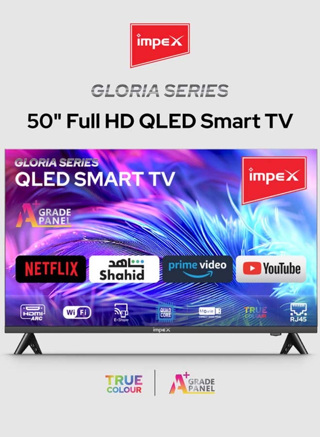 Impex 50 Inch Full HD QLED Smart TV – 8GB/1GB, Quad-Core, Frameless, TV Casting, 2 HDMI, 2 USB, RJ45, 176° Viewing Angle, Smart Energy Saving, A+ Zero Bright Dot, Television With 2Y Warranty - Gloria50Q Black Gloria50Q Black - Image 1