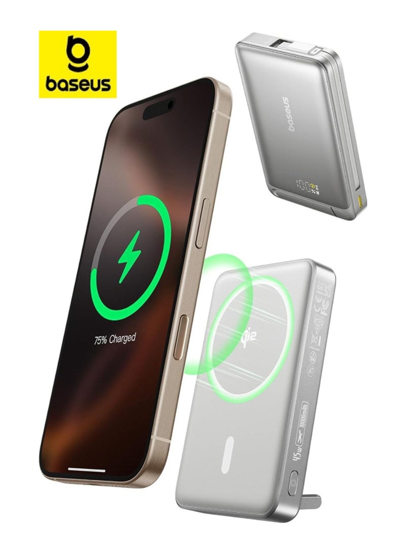 بيسوس 10000 mAh 3-in-1 MagSafe Wireless Power Bank with LED Display, Qi2 Certified 15W Magnetic Power Bank, Built-in Two-way 45W USB-C Cable, Portable Fast Charging Battery Pack, 30W USB-C Output, Compatible with iPhone 16/15/14/13/12, Samsung Galaxy S25/S24/S23/S22, Google Pixel 8/7, OnePlus 12, MacBook Air/Pro And More - Lunar Grey - Image 1