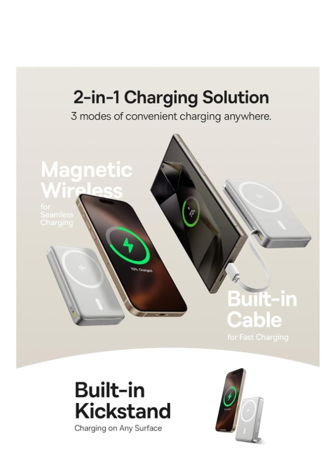 بيسوس 10000 mAh 3-in-1 MagSafe Wireless Power Bank with LED Display, Qi2 Certified 15W Magnetic Power Bank, Built-in Two-way 45W USB-C Cable, Portable Fast Charging Battery Pack, 30W USB-C Output, Compatible with iPhone 16/15/14/13/12, Samsung Galaxy S25/S24/S23/S22, Google Pixel 8/7, OnePlus 12, MacBook Air/Pro And More - Lunar Grey - Image 2