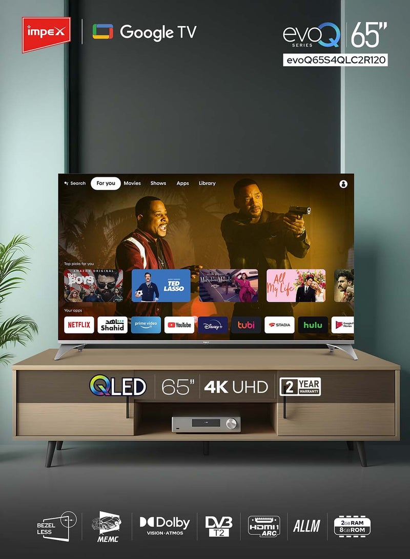 Impex 65" QLED Google TV | 4K Ultra HD | 120Hz DLG | Dolby Vision & Atmos | 2GB RAM, 16GB ROM | HDMI ARC & eARC | Voice Control Remote | Wall Mount | WiFi, Bluetooth & Optical | ALLM | 2Y Warranty evoQ 65S4QLC2R120 Black  - Image 2