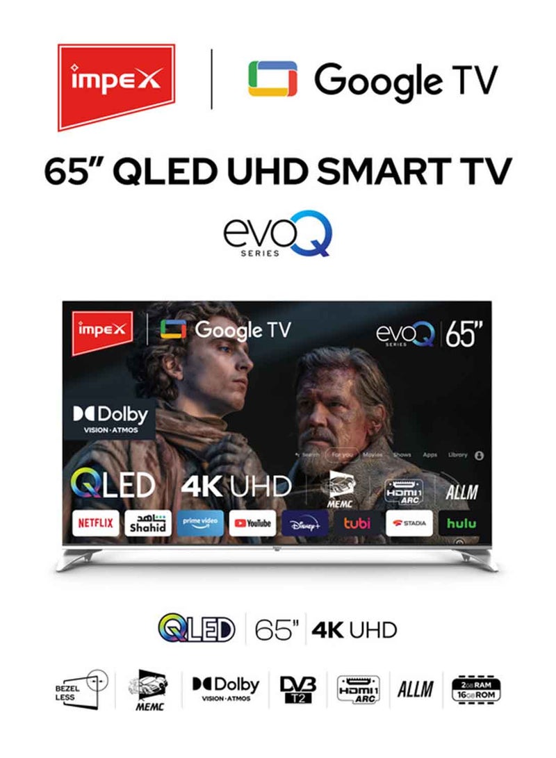 Impex 65 Inch QLED Google TV | 4K Ultra HD Television| 120Hz DLG | Dolby Vision And Atmos | 2GB RAM, 16GB ROM | HDMI ARC And eARC | DVB T2 S2 | Voice Control Remote | Wall Mount | WiFi, Bluetooth And Optical | ALLM | 2Y Warranty evoQ 65S4QLC2R120 Black - Image 1