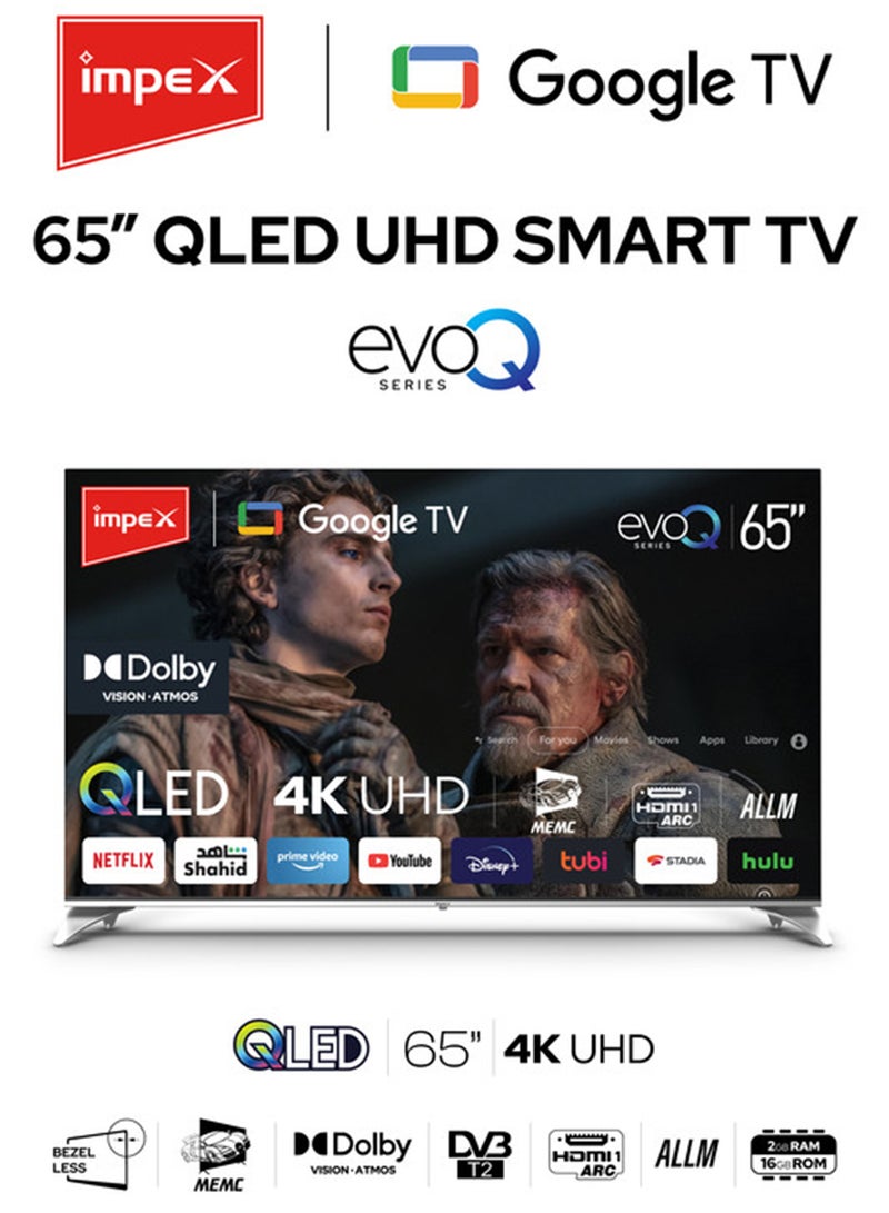 Impex 65 Inch QLED Google TV | 4K Ultra HD Television| 120Hz DLG | Dolby Vision And Atmos | 2GB RAM, 16GB ROM | HDMI ARC And eARC | DVB T2 S2 | Voice Control Remote | Wall Mount | WiFi, Bluetooth And Optical | ALLM | 2Y Warranty evoQ 65S4QLC2R120 Black - Image 2