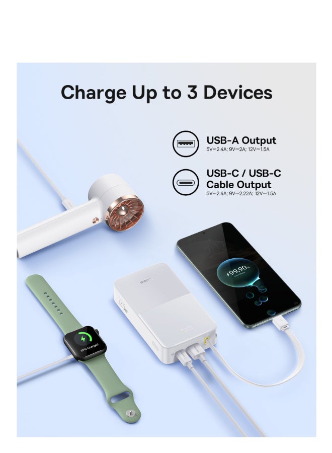 بيسوس 20000 mAh USB-C Power Bank with 22.5W PD and QC 3.0 Fast Charging Built-in Braided USB-C Cable LED Display High-Speed Portable Charger for iPhone 16 15 14 iPad Samsung Galaxy S25 S24 S23 Google Pixel OnePlus Android Devices Compact Travel Friendly Airline Approved Battery Pack - Moon White - Image 3