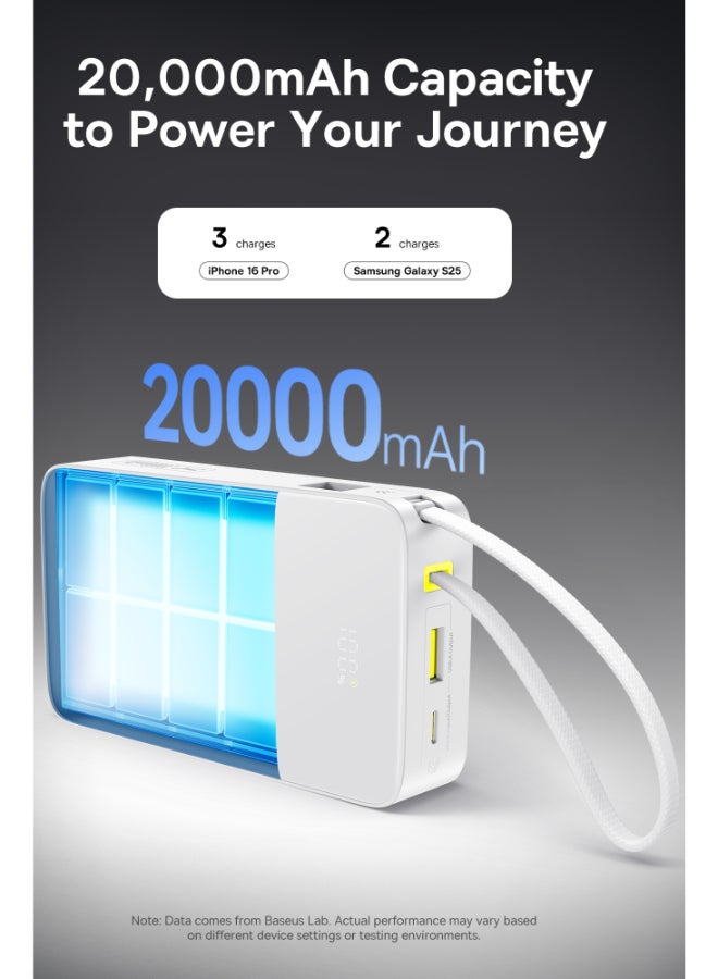 بيسوس 20000 mAh USB-C Power Bank with 22.5W PD and QC 3.0 Fast Charging Built-in Braided USB-C Cable LED Display High-Speed Portable Charger for iPhone 16 15 14 iPad Samsung Galaxy S25 S24 S23 Google Pixel OnePlus Android Devices Compact Travel Friendly Airline Approved Battery Pack - Moon White - Image 2
