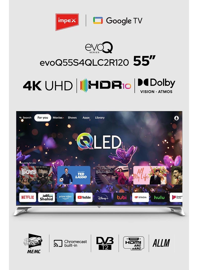 Impex 55" QLED Google TV | 4K Ultra HD | 120Hz DLG | Dolby Vision & Atmos | 2GB RAM + 16GB ROM | ALLM | HDMI ARC/eARC | Voice Remote | Wall Mount Included | Gaming Ready | Bluetooth, WiFi, Optical | 2 Year Warranty evoQ 55S4QLC2R120 Black  - Image 1