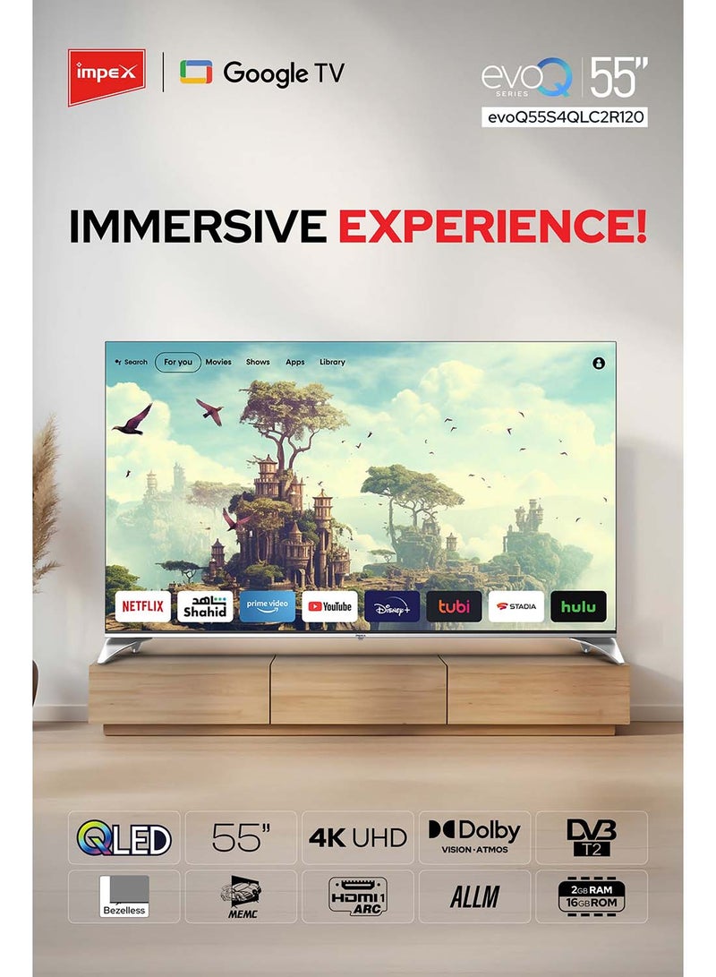Impex 55" QLED Google TV | 4K Ultra HD | 120Hz DLG | Dolby Vision & Atmos | 2GB RAM + 16GB ROM | ALLM | HDMI ARC/eARC | Voice Remote | Wall Mount Included | Gaming Ready | Bluetooth, WiFi, Optical | 2 Year Warranty evoQ 55S4QLC2R120 Black  - Image 2