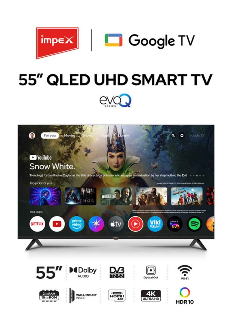 Impex 55 Inch QLED Google TV | 4K Ultra HD Television | 120Hz DLG | Dolby Vision And Atmos | 2GB RAM+16GB ROM | ALLM | HDMI ARC/eARC | DVB T2 S2 | Voice Remote | Wall Mount Included | Gaming Ready | Bluetooth, WiFi, Optical | 2 Year Warranty evoQ 55S4QLC2R120 Black - Image 1