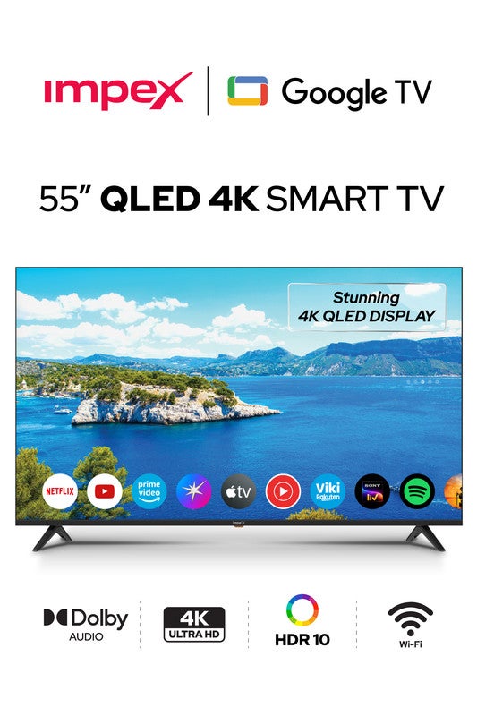 إمبكس تلفاز قوقل QLED مقاس 55 بوصة | تلفاز 4K Ultra HD | 120Hz DLG | Dolby Vision و Atmos | 2GB RAM + 16GB ROM | ALLM | HDMI ARC/eARC | DVB T2 S2 | جهاز تحكم صوتي | حامل جداري متضمن | جاهز للألعاب | بلوتوث، واي فاي، بصري | ضمان لمدة 2 سنة - Image 1