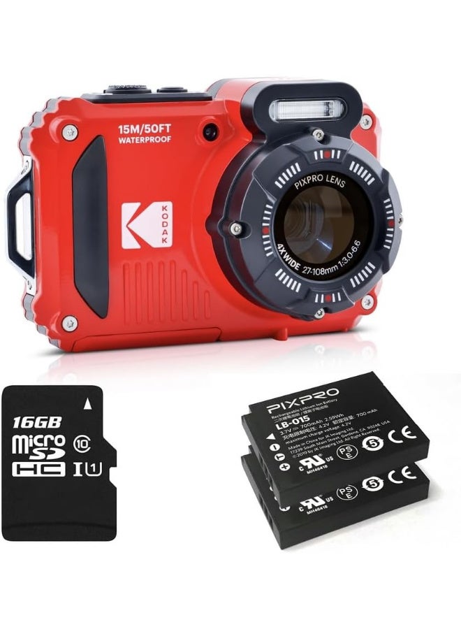 Kodak Pixpro WPZ2 Pack + 2 Batteries + 1 SD Card – Compact 16 m Pixels, Waterproof to 15 m, Shockproof, 720p Video, 2.7 LCD Screen – Li-ion Battery – Red - Image 1
