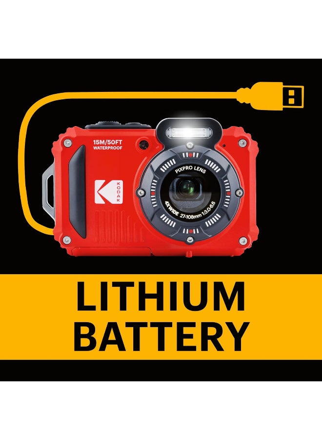 Kodak Pixpro WPZ2 Pack + 2 Batteries + 1 SD Card – Compact 16 m Pixels, Waterproof to 15 m, Shockproof, 720p Video, 2.7 LCD Screen – Li-ion Battery – Red - Image 4
