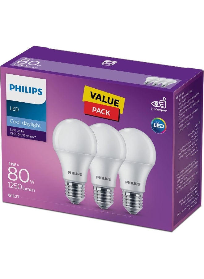 Philips LED Light Frosted Bulb A60, Non-Dimmable, E27 Base, 13W-90W Equivalent, 6500k, Value Pack 3 PCs Cool Daylight - Image 3