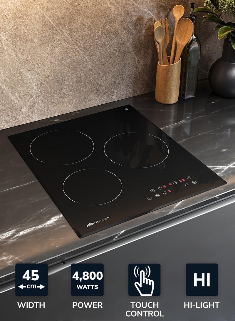 MILLEN Built in Electric hob, 45 cm Black Glass, 3 Heating Zones, 4800W, Touch Control, 3 Year Warranty MEH 451 BL - Image 4